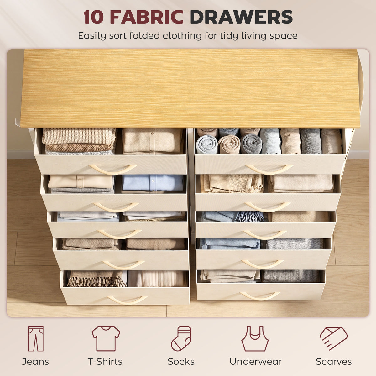 HOMCOM Chest of Drawers, Dresser with 10 Fabric Drawers, Tall Storage Unit with 4 Pockets and 2 Hooks Steel Frame, Beige
