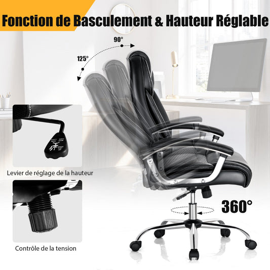 Office chair with high back padded armrests, Home executive chair upholstered in black pvc leather