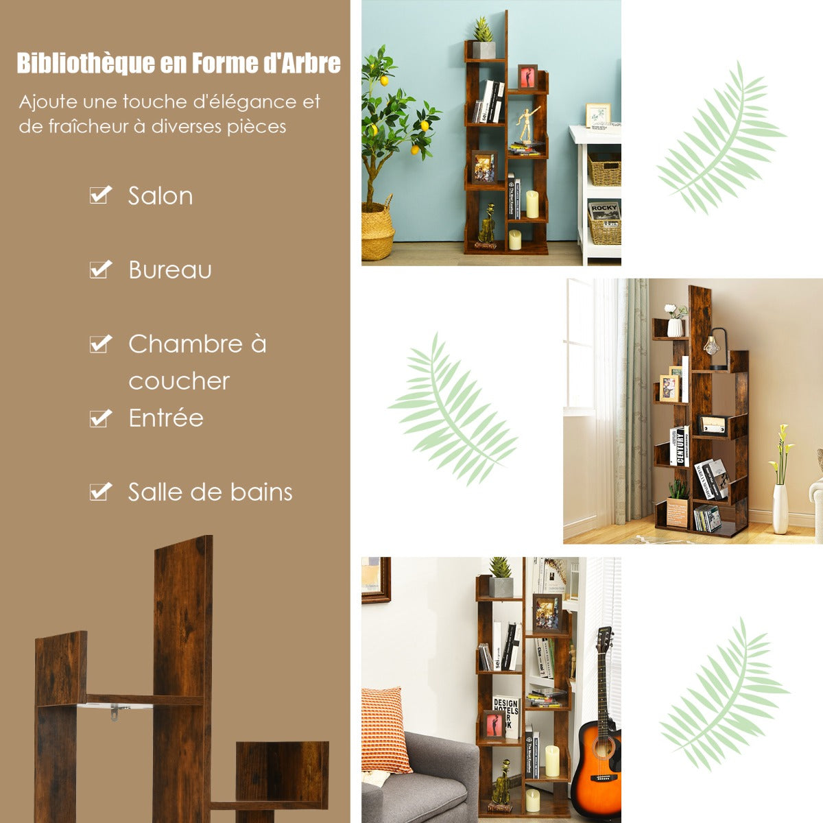 8-Tier Tree-Shaped Bookshelf Storage Shelf Bookcase with Anti-Tip Device Brown