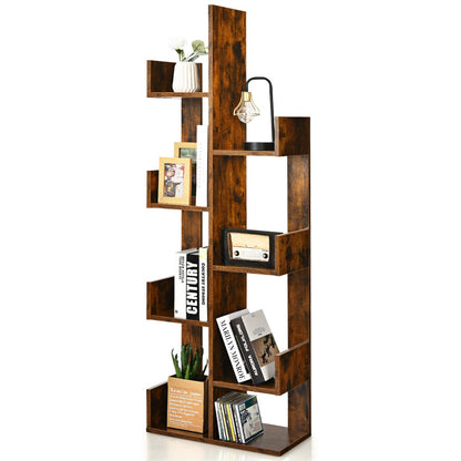 8-Tier Tree-Shaped Bookshelf Storage Shelf Bookcase with Anti-Tip Device Brown