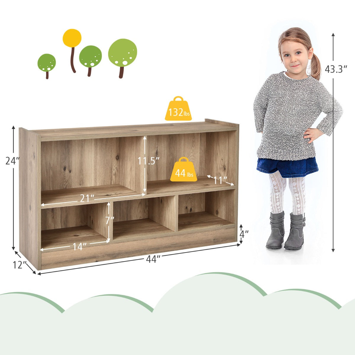 Wooden Storage Bookcase with 2 Tiers and 5 Cubes-Natural