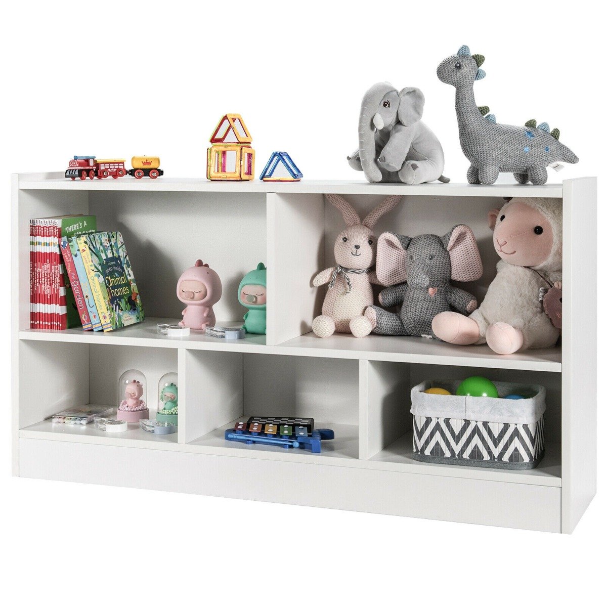 Wooden Storage Bookcase with 2 Tiers and 5 Cubes-White
