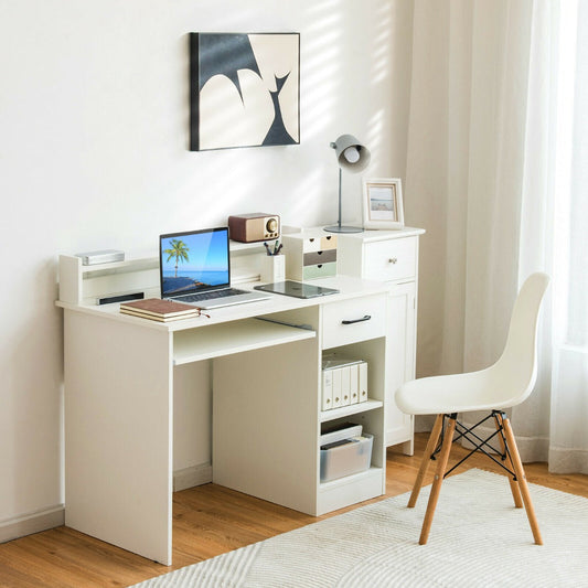 Wooden Computer Desk With Keyboard Tray for Work and Study-White