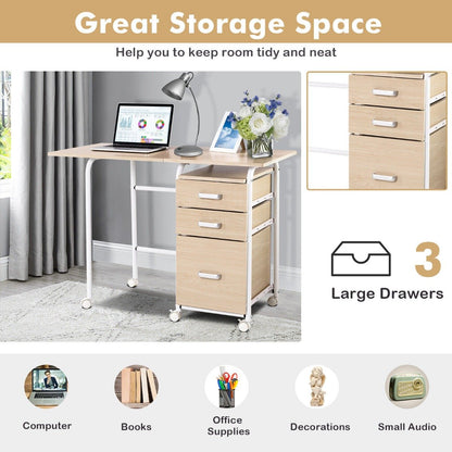 Folding Computer Desk with Rolling Wheels and 3 Drawers for Home Office-Natural