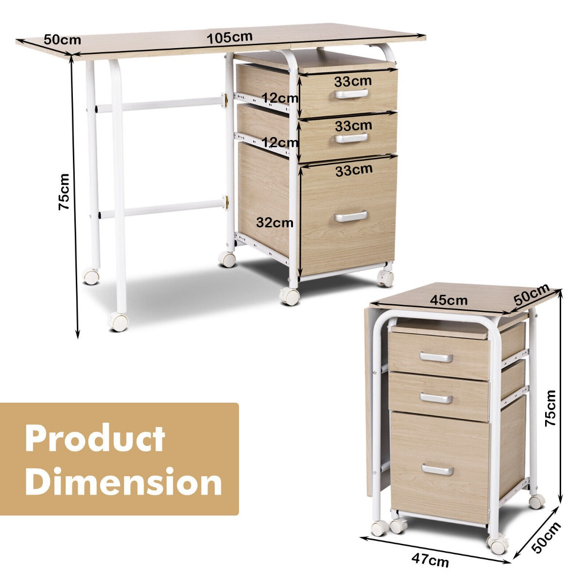 Folding Computer Desk with Rolling Wheels and 3 Drawers for Home Office-Natural