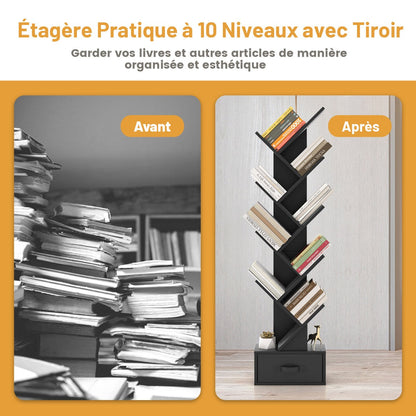 10 Tier Tree Bookshelf with Drawer Floor Standing Storage Rack Black