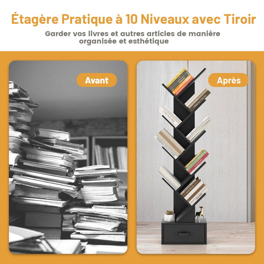 10 Tier Tree Bookshelf with Drawer Floor Standing Storage Rack Black