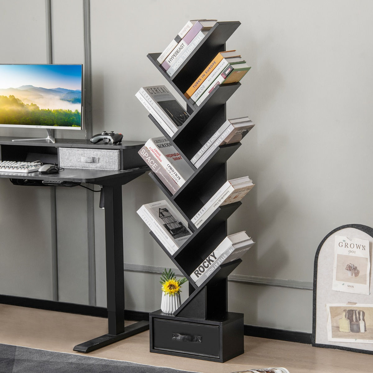 10 Tier Tree Bookshelf with Drawer Floor Standing Storage Rack Black