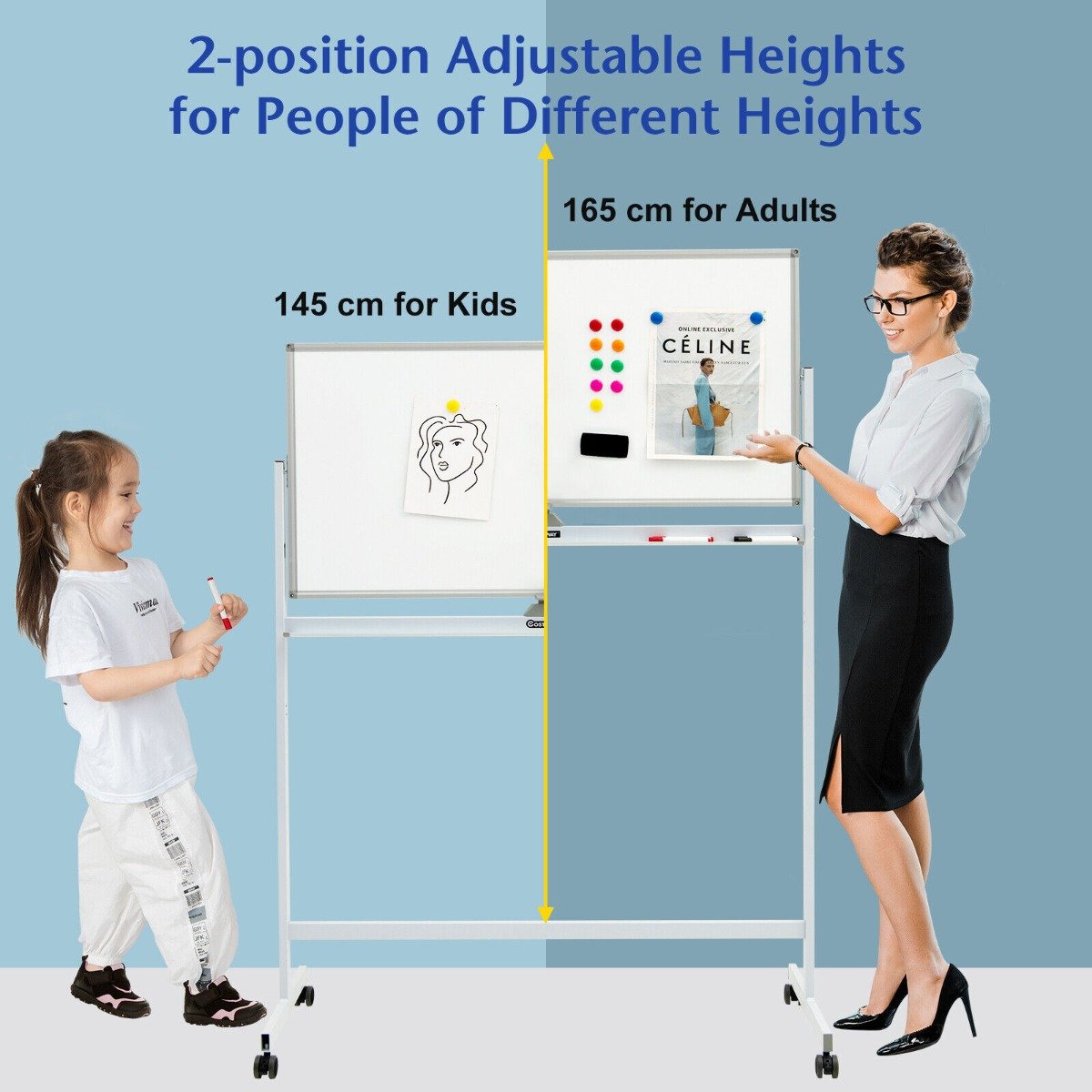 Double-Sided Magnetic Mobile Whiteboard with Magnets Pens and Eraser-White