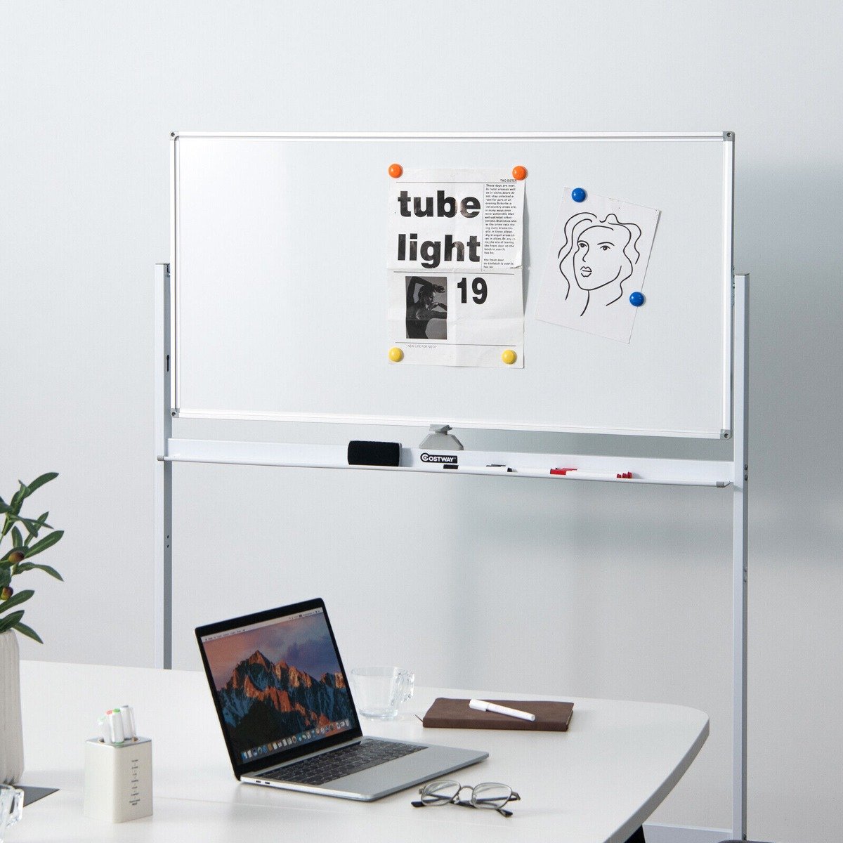 Double-Sided Magnetic Mobile Whiteboard with Magnets Pens and Eraser-White