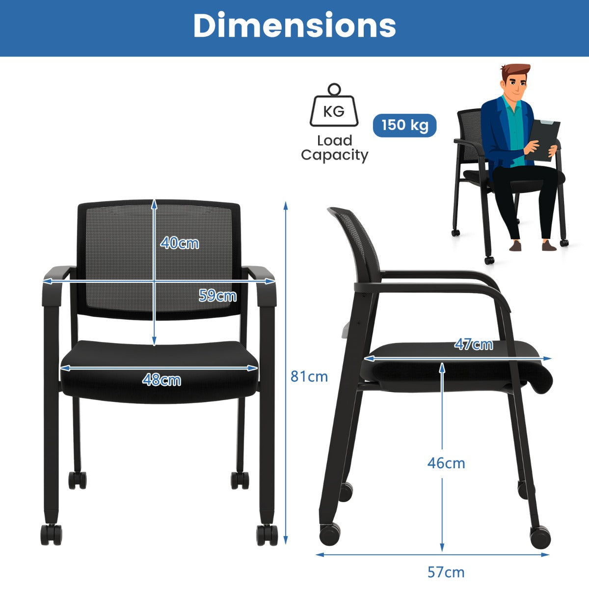 Waiting Room Chairs Set of 2 with Armrests and Wheels-Black