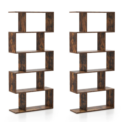 Geometric S-Shaped Bookcase with Anti-Toppling Device for Living Room Home Office-Brown