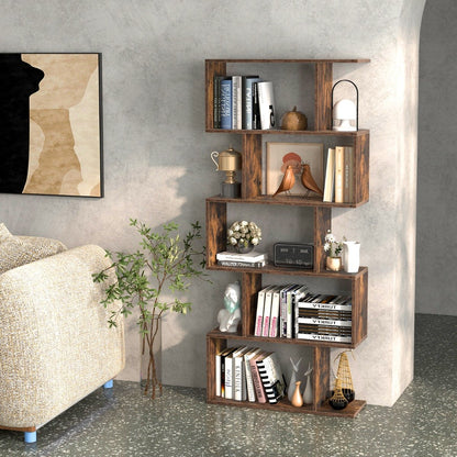 Geometric S-Shaped Bookcase with Anti-Toppling Device for Living Room Home Office-Brown