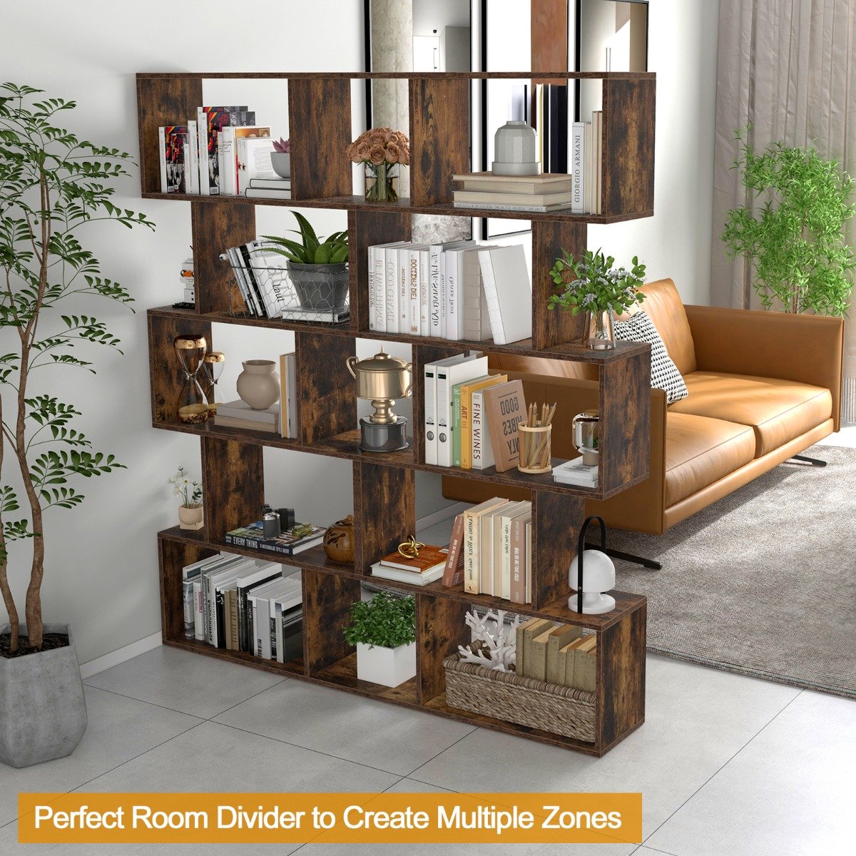Geometric S-Shaped Bookcase with Anti-Toppling Device for Living Room Home Office-Brown