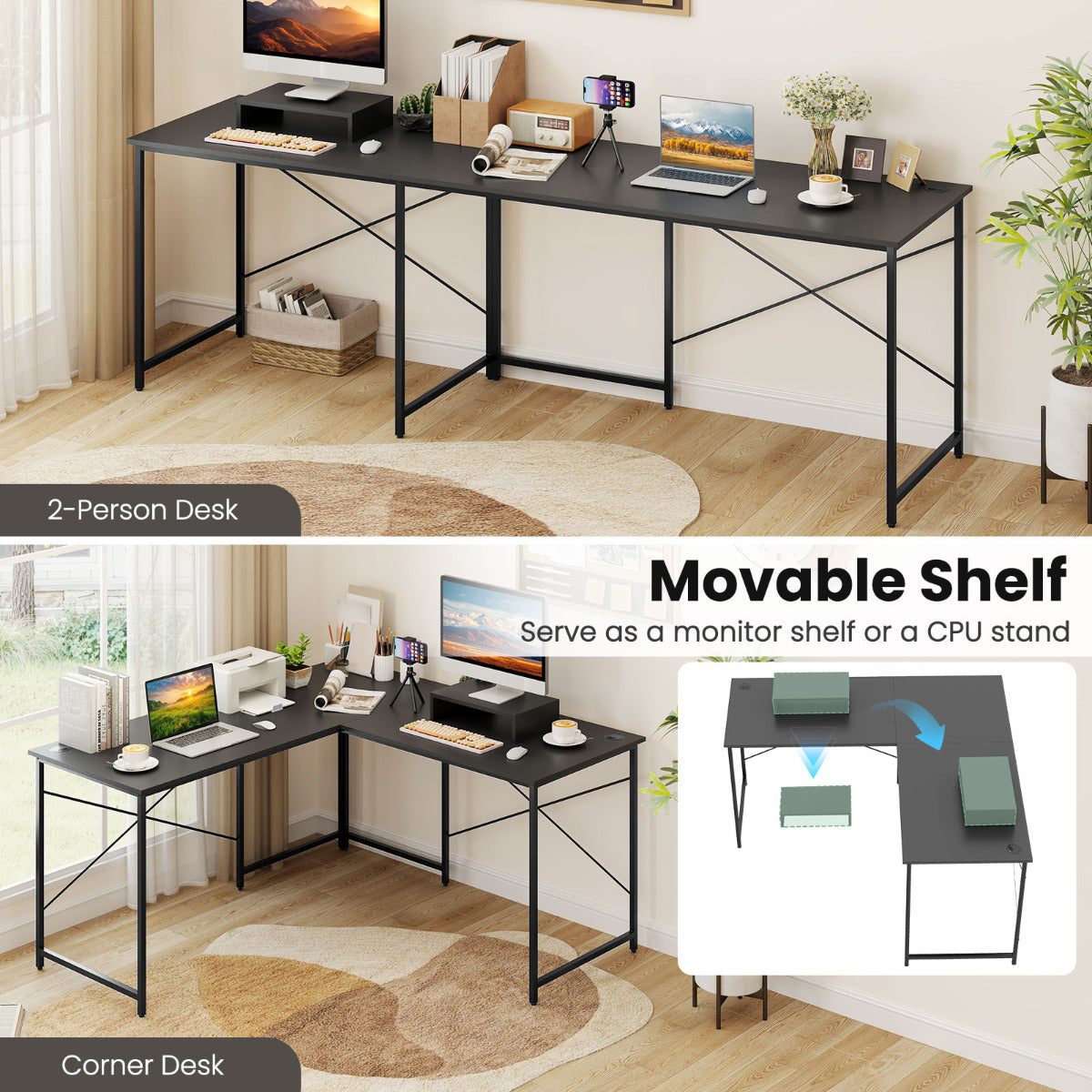 Reversible L-Shaped Desk with Built-in Power Strip and Removable Host Stand-Dark Grey