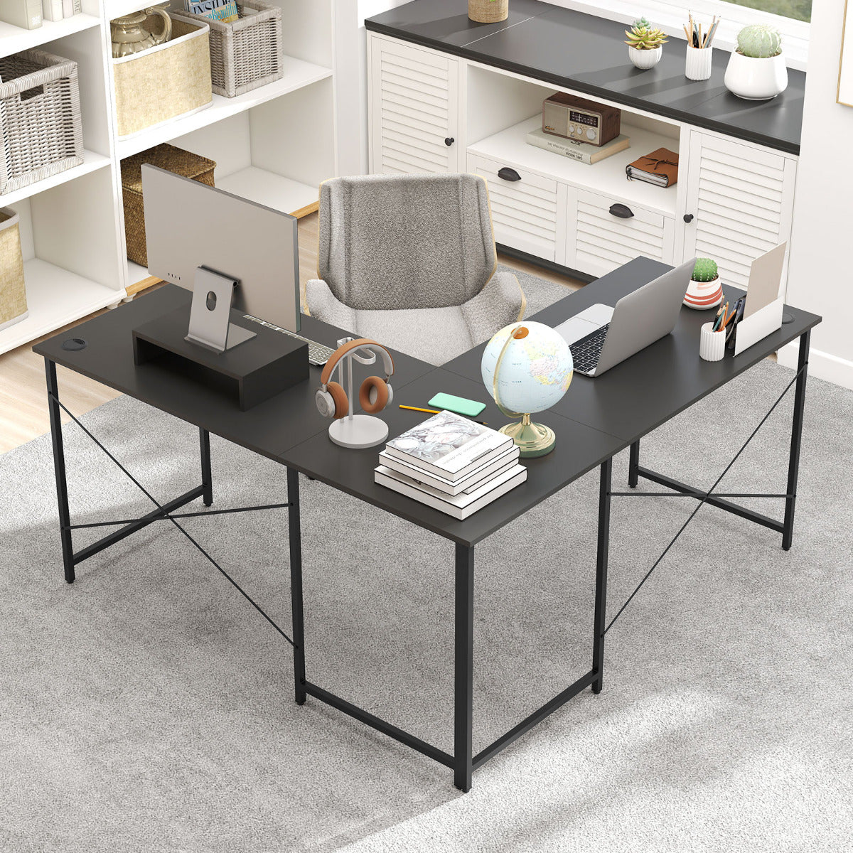 Reversible L-Shaped Desk with Built-in Power Strip and Removable Host Stand-Dark Grey