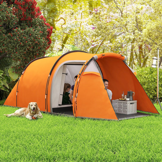 Outsunny 2-3 Man Tunnel Tents w/ Vestibular Camping Tent Porch Air Ventsitionable Shelter, Orange