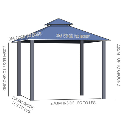 Outsunny 3 x 3(m) Polycarbonate Hardtop Gazebo Canopy with Double-Tier Roof and Aluminium Frame, Garden Pavilion with Mosquito Netting and Curtains