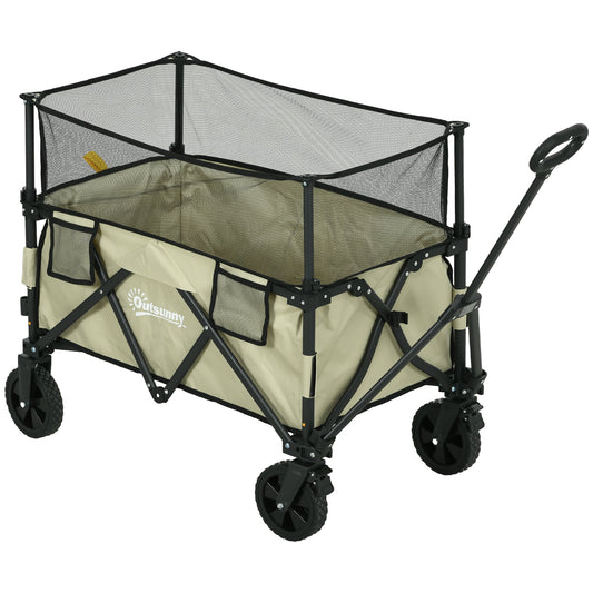 Outsunny Folding Garden Trolley, 180L Wagon Cart with Extendable Side Walls, for Beach, Camping, Festival, Khaki