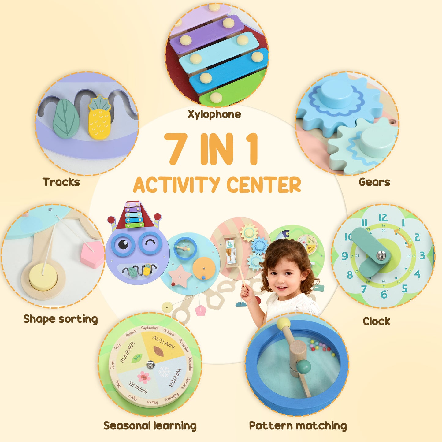 AIYAPLAY Caterpillar Busy Board with 7 Activities, for Nursery, Playroom, Home, for 3+ Years