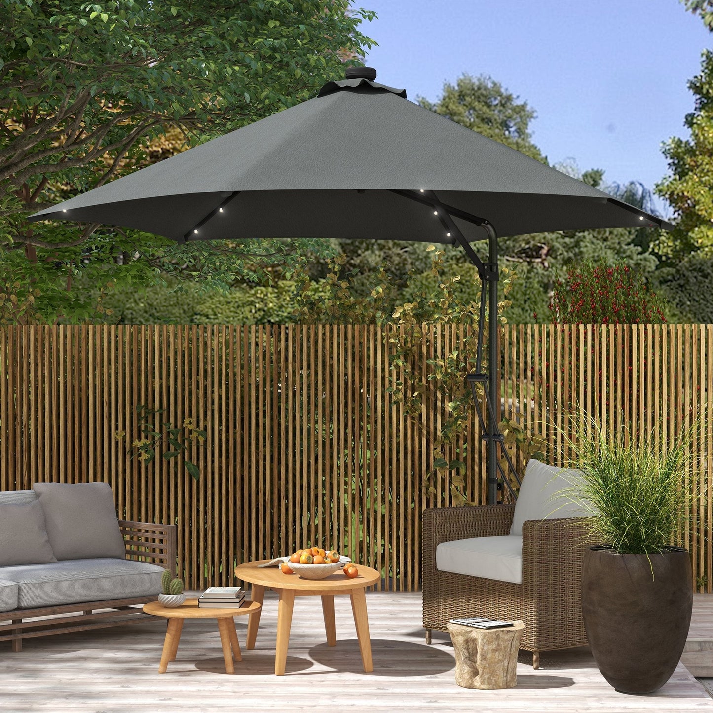 Outsunny 3(m) Garden Parasol Cantilever Umbrella with Solar LED, Cross Base and Waterproof Cover, Dark Grey