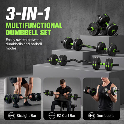 SPORTNOW 15 kg 3-in-1 Adjustable Dumbbell & Barbell Set with EZ Bar, Connecting Rod and Non-Slip Grip for Home Gym, Green