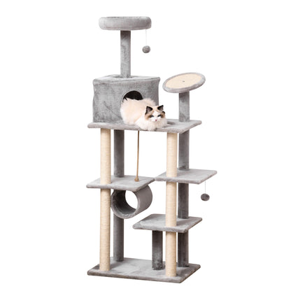 PawHut Cat tree Tower 179cm Climbing Activity Centre Kitten with Jute Scratching Post Pad Condo Perch Hanging Balls Teasing Rope Toy Dark Grey