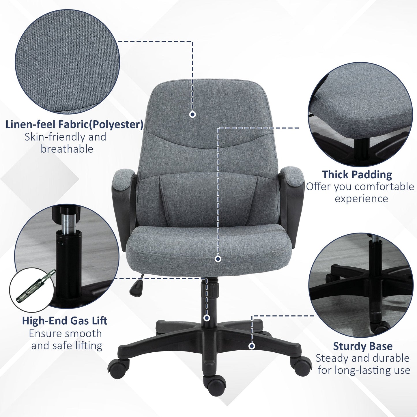 Vinsetto Office Chair with Massager Lumbar Middle Back Ergonomic Support Office 360° Swivel Chairs Adjustable Height Backrest Grey