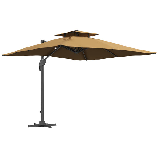 Parasol ogrodowy Outsunny, 3 m, wspornikowy, z mechanizmem hydraulicznym, góra z podwójnym otworem wentylacyjnym, 8 żeber, podstawa krzyżowa, kolor khaki