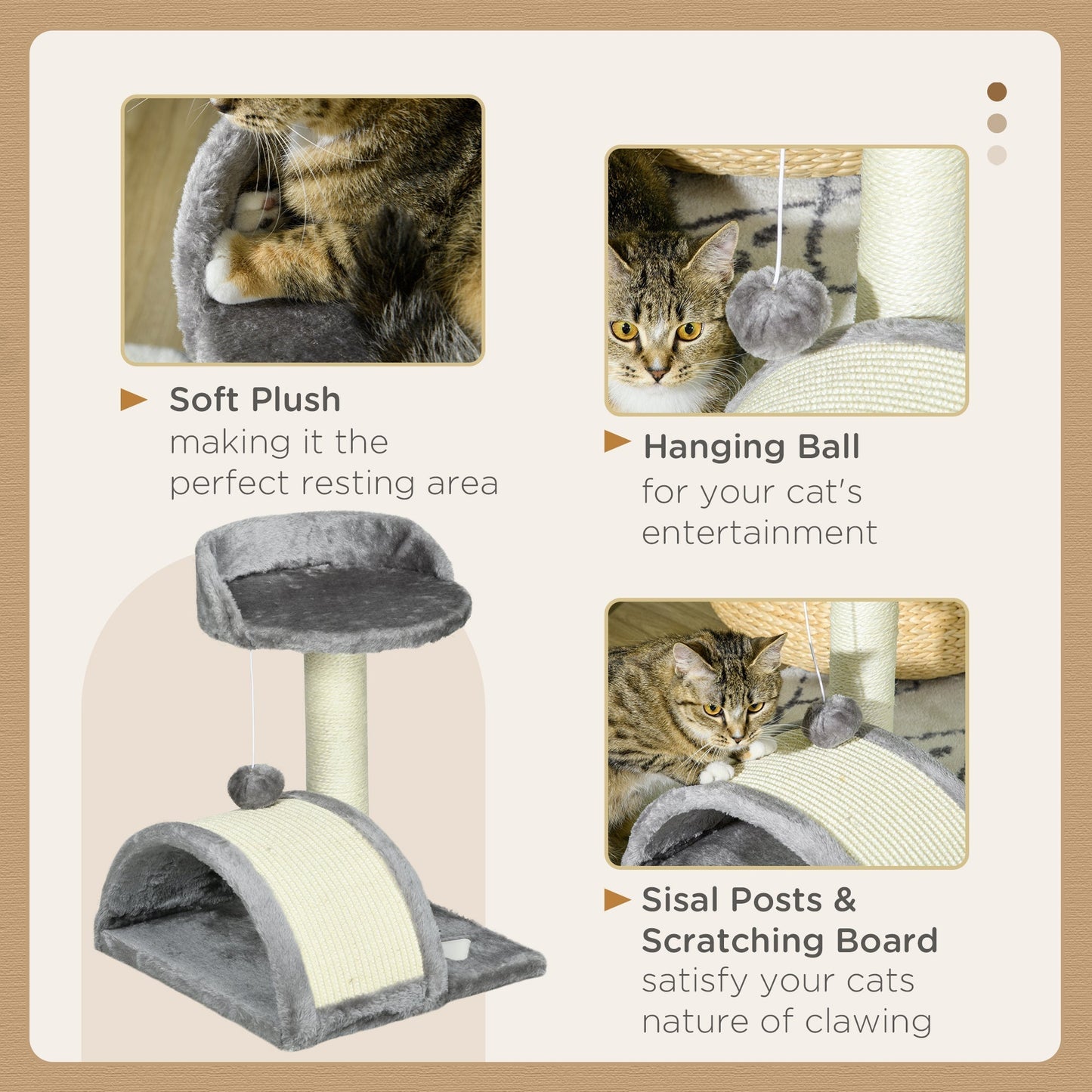 PawHut Cat Tree Scratching Scratcher Post Kitten Activity Centre Climber Hanging Ball Grey