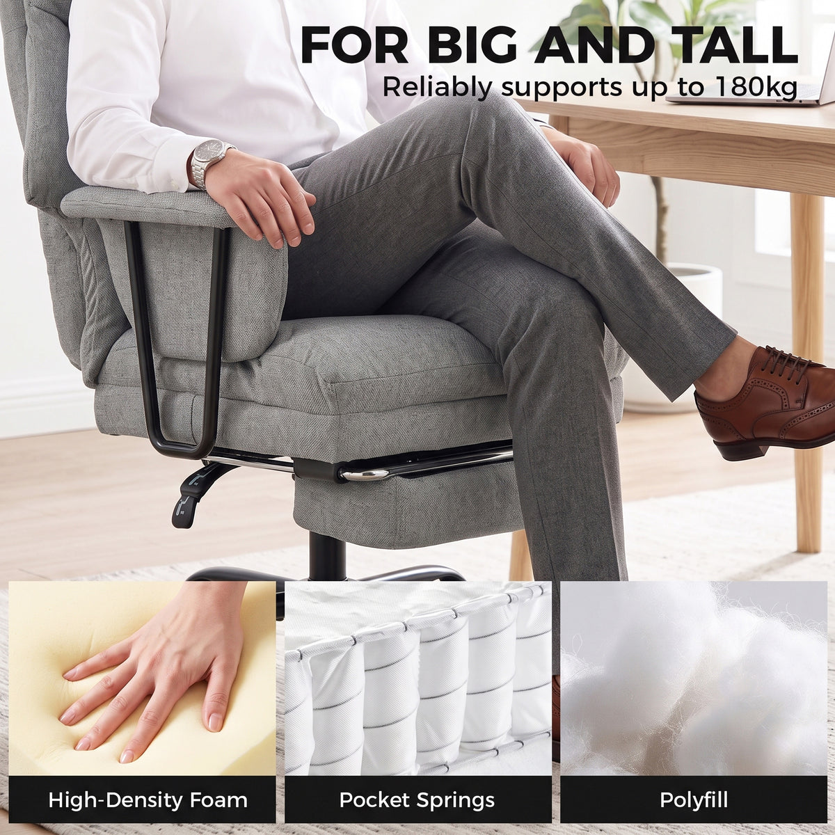 HOMCOM Office Chair, 180kg Heavy Duty Linen Computer Desk Chair with Lumbar Support, Wide Seat, Spring Cushion, Grey