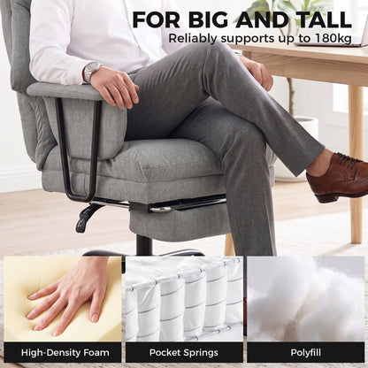 HOMCOM Office Chair, 180kg Heavy Duty Linen Computer Desk Chair with Lumbar Support, Wide Seat, Spring Cushion, Grey