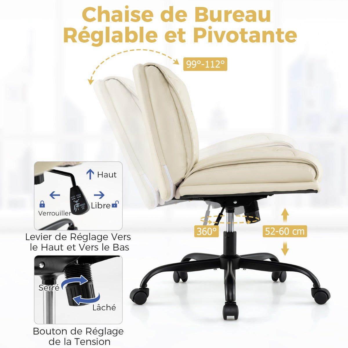 PU Leather Armless Desk Chair with Wide Backrest and Seat-Beige