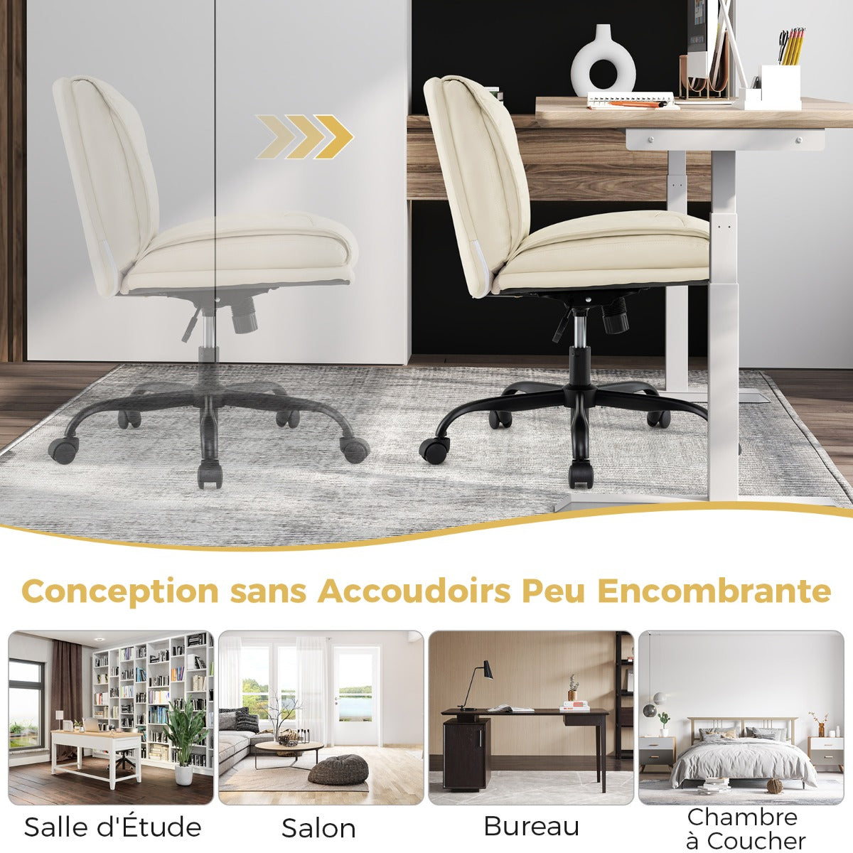 PU Leather Armless Desk Chair with Wide Backrest and Seat-Beige