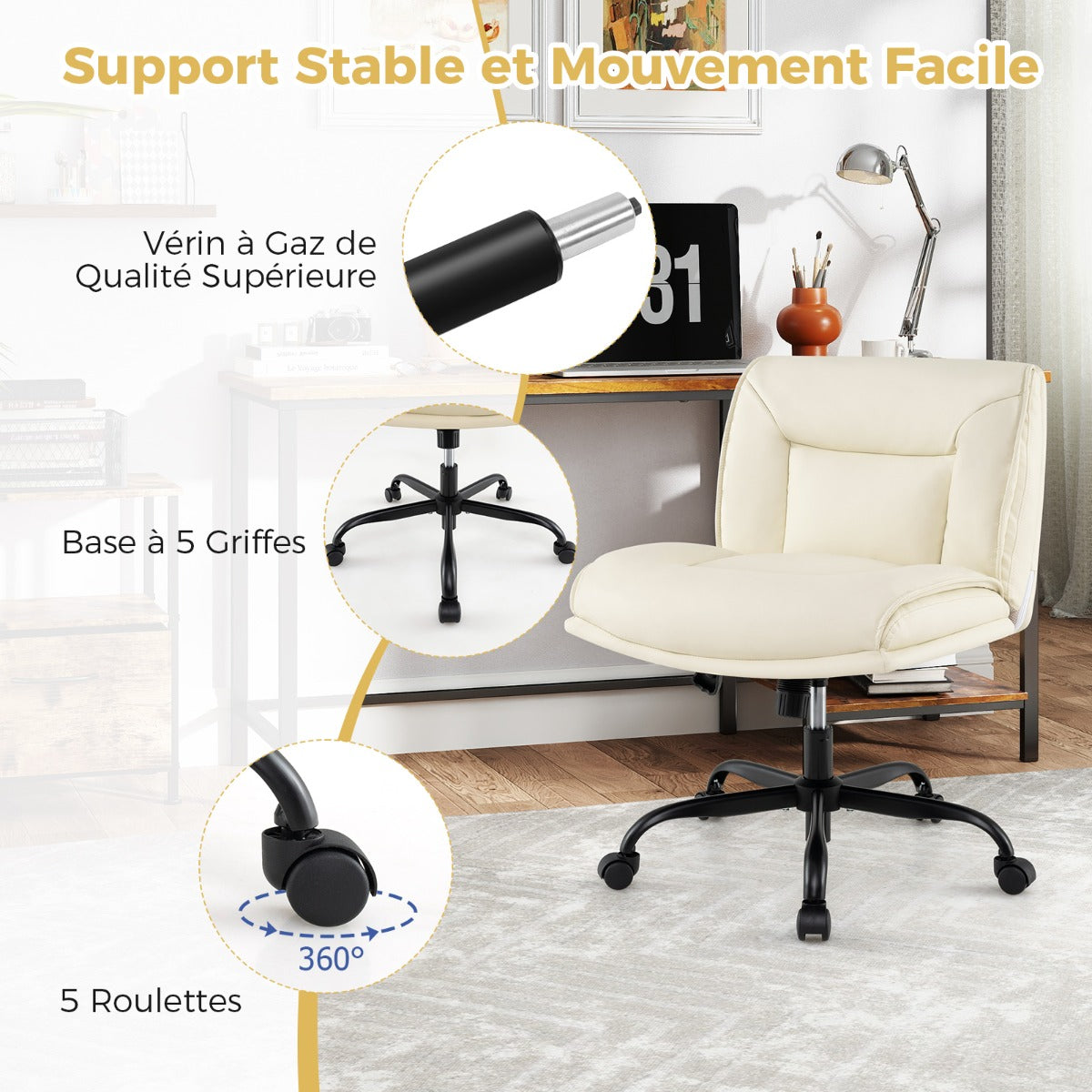 PU Leather Armless Desk Chair with Wide Backrest and Seat-Beige