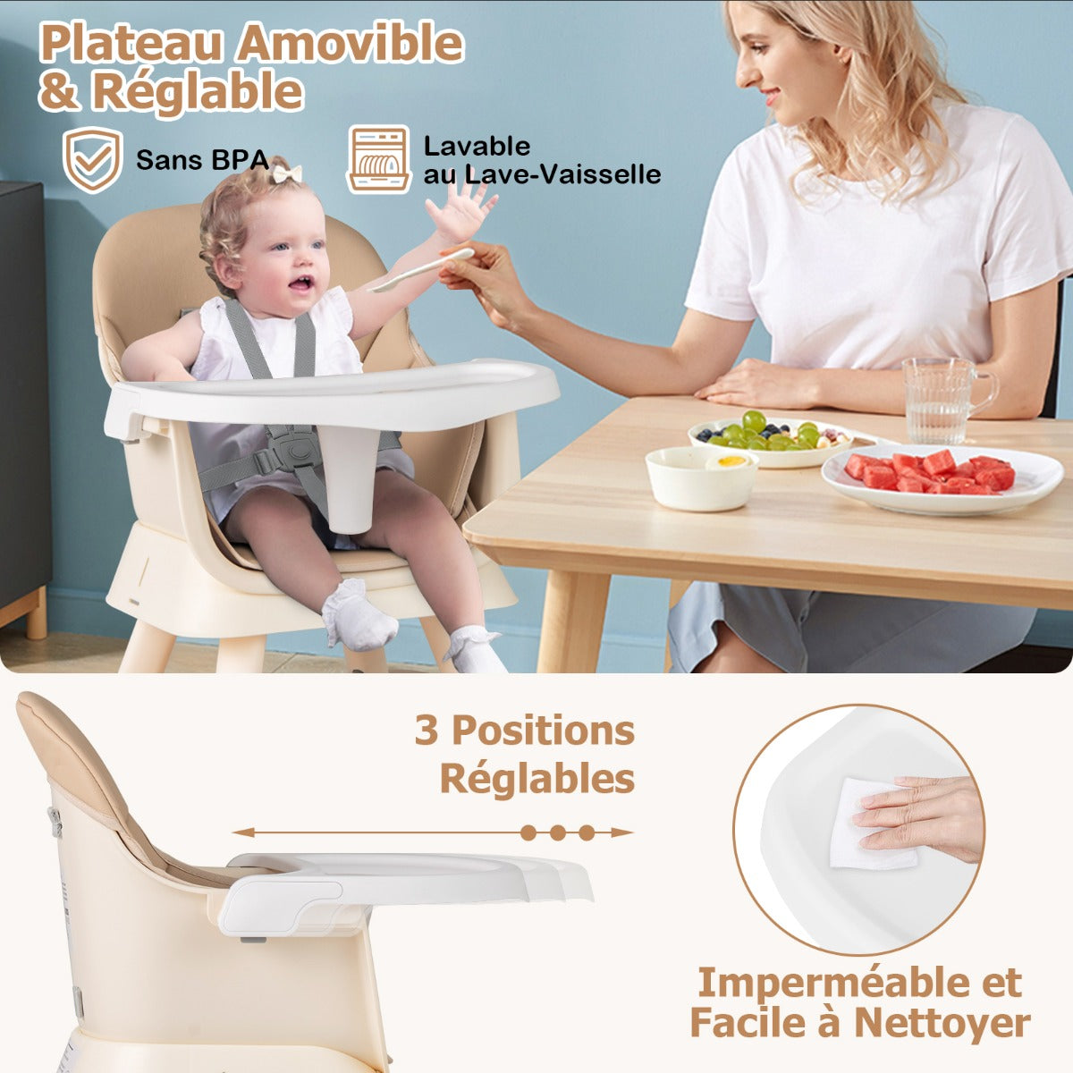 6 in 1 Baby High Chair Convertible Baby Feeding Chair Kids Stool with 5 Point Harness Tray and Brown
