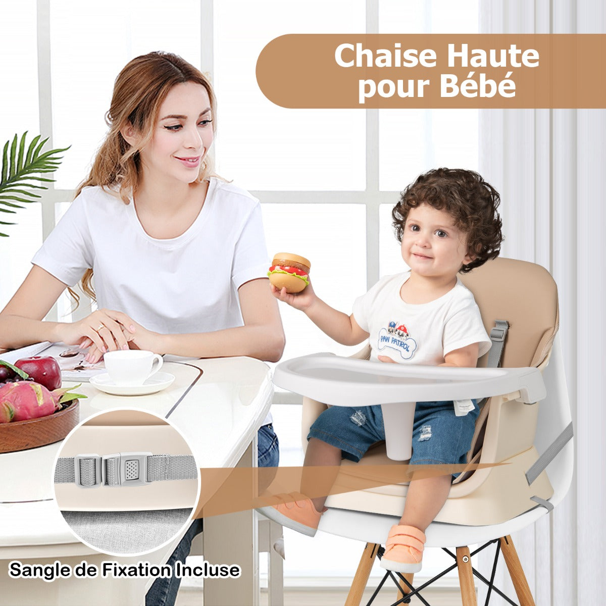 6 in 1 Baby High Chair Convertible Baby Feeding Chair Kids Stool with 5 Point Harness Tray and Brown
