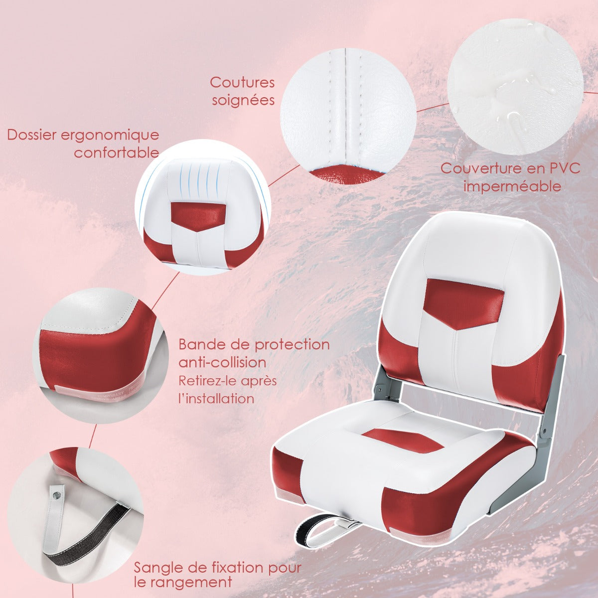 2 Pieces Folding Low-Back Boat Chair Set with Long Fixation Strap-Red