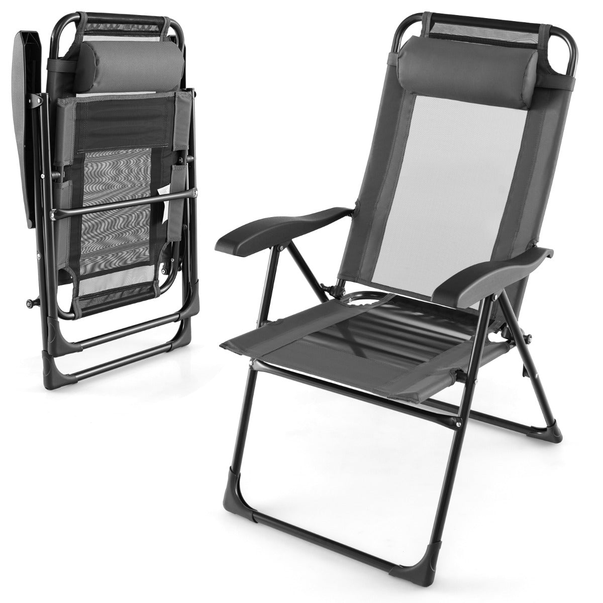 Patio Folding Chairs Set of 2 with Wide Armrests and 7-Level Backrest for Camping Backyard Garden-Grey