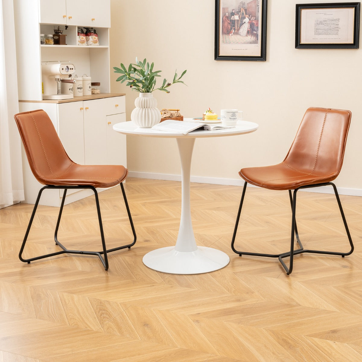 Dining Chair Set of 2 with Metal Legs and Vintage Stitching-Brown