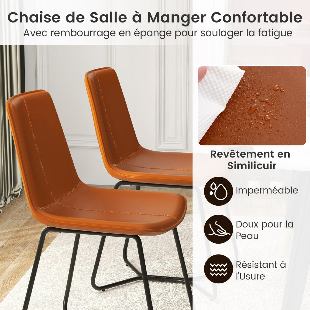 Dining Chair Set of 2 with Metal Legs and Vintage Stitching-Brown