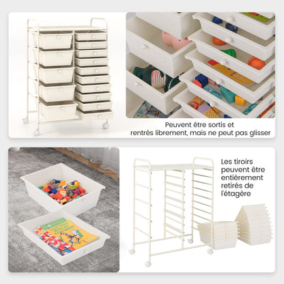 15-Drawer Utility Rolling Organizer Cart Multi-Use Storage-White