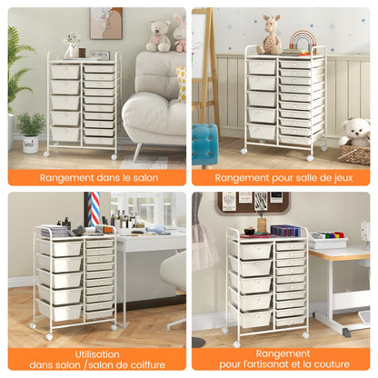 15-Drawer Utility Rolling Organizer Cart Multi-Use Storage-White