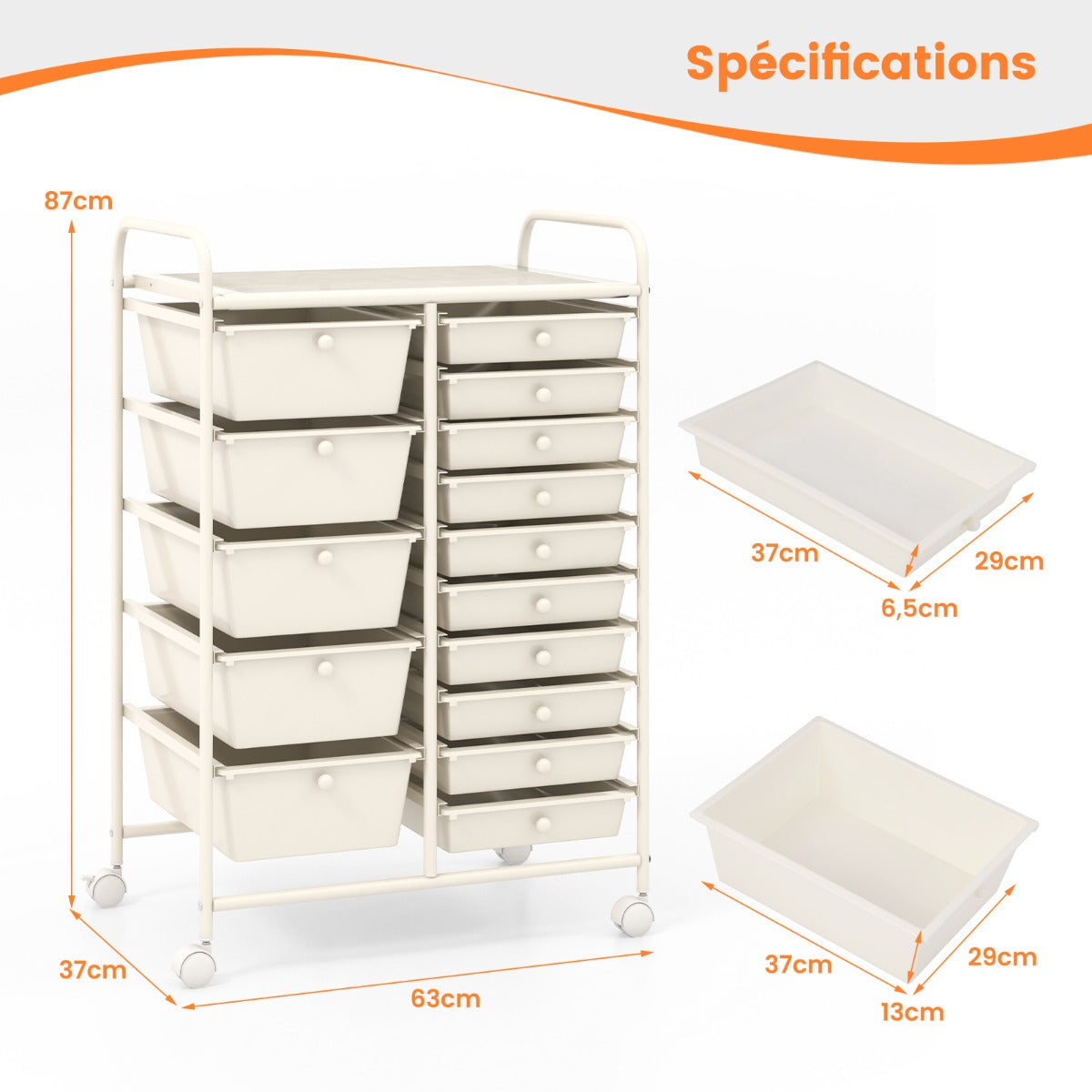 15-Drawer Utility Rolling Organizer Cart Multi-Use Storage-White