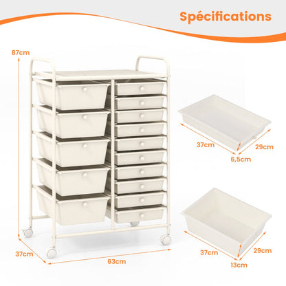 15-Drawer Utility Rolling Organizer Cart Multi-Use Storage-White