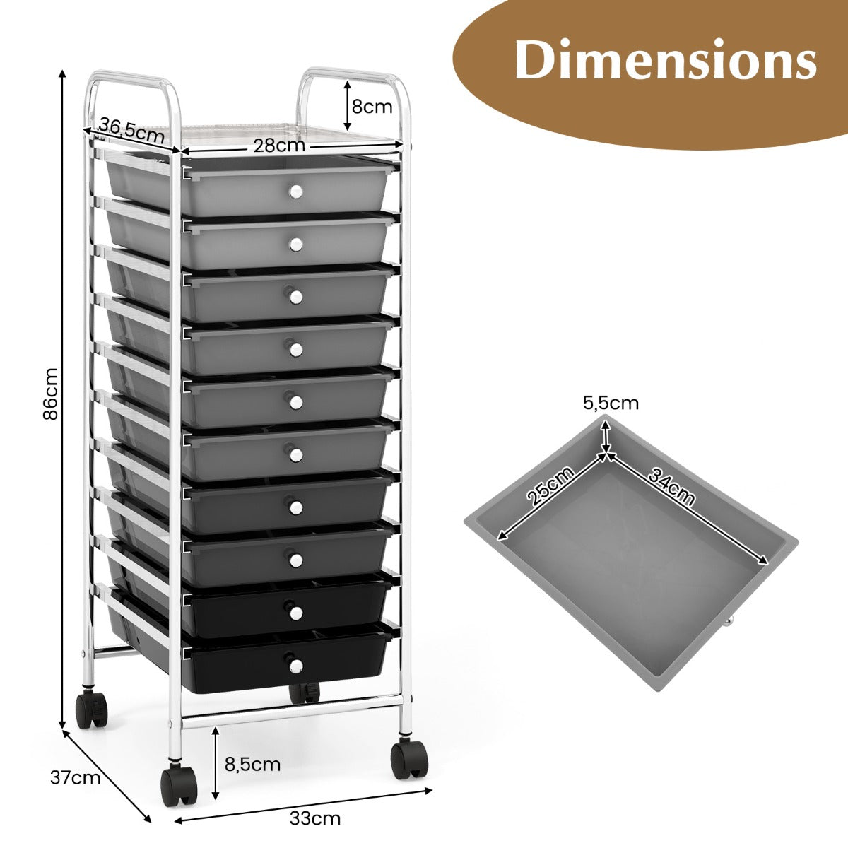10 Drawer Rolling Storage Cart Organizer with 4 Universal Casters-Gradient Gray