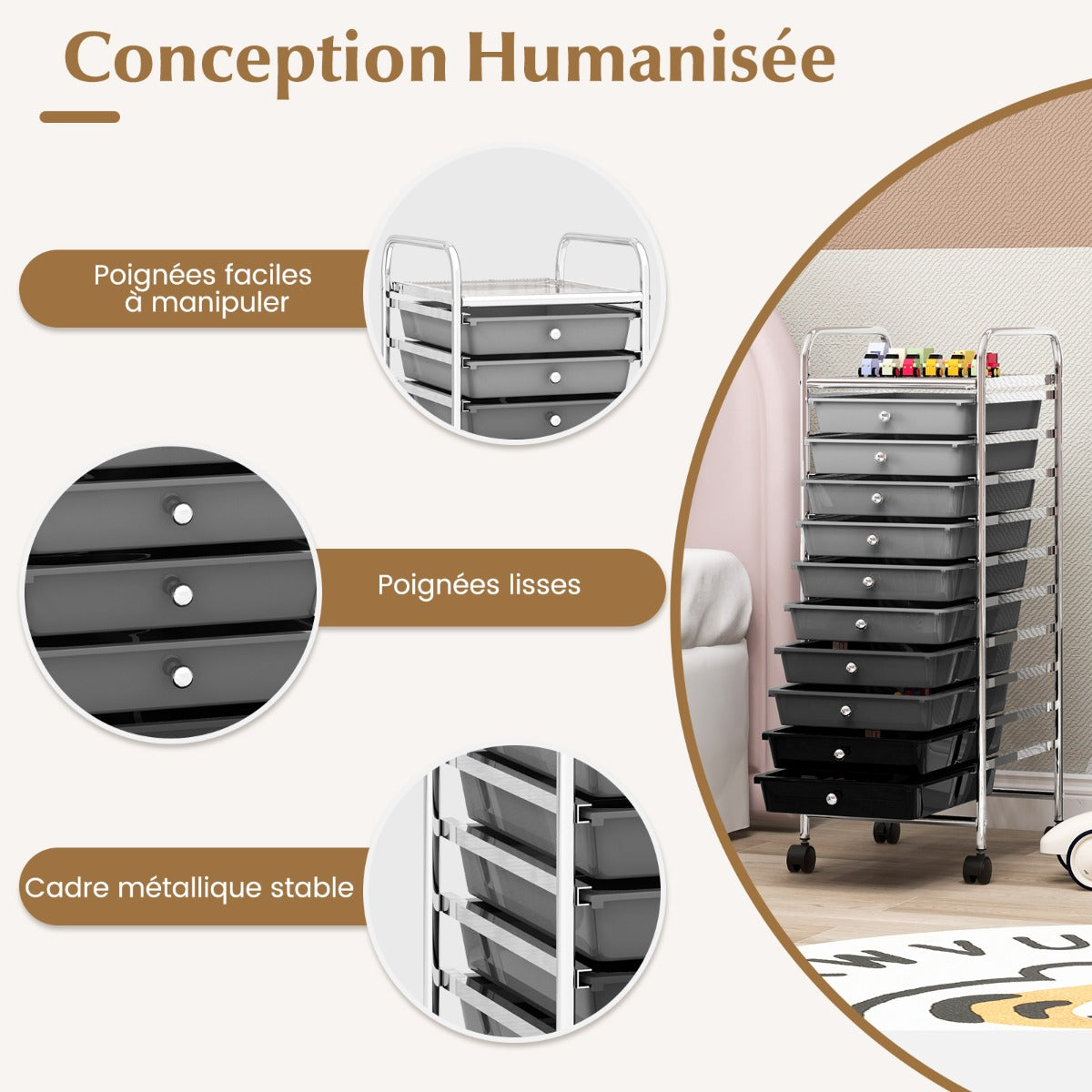 10 Drawer Rolling Storage Cart Organizer with 4 Universal Casters-Gradient Gray