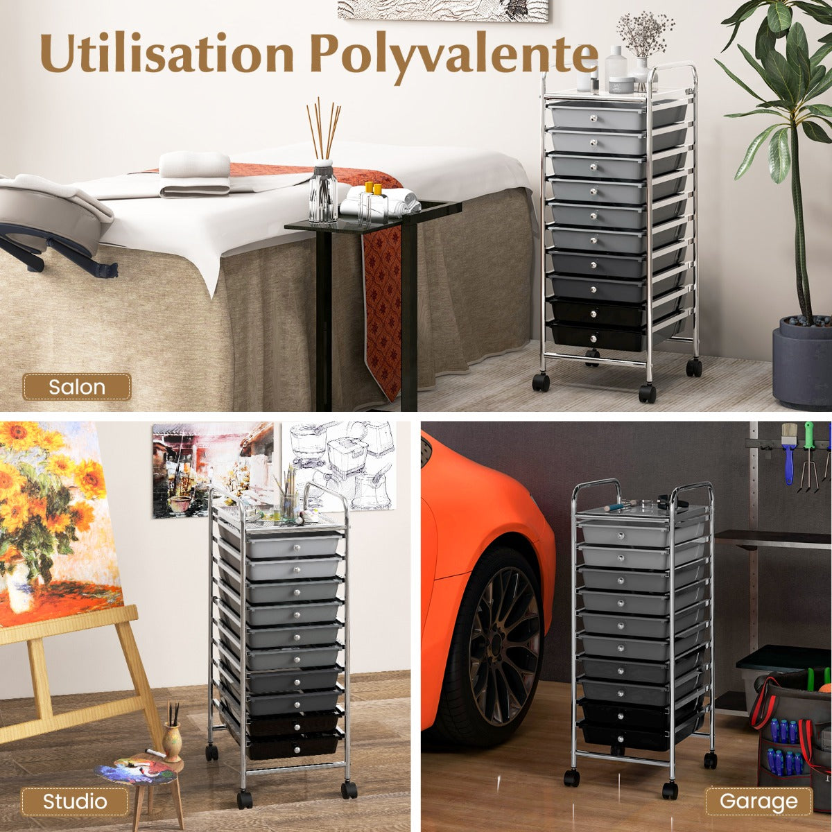 10 Drawer Rolling Storage Cart Organizer with 4 Universal Casters-Gradient Gray