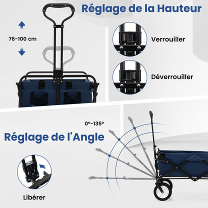 eavy Duty Camping Garden Cart with Adjustable Handle and Drink Holders-Navy