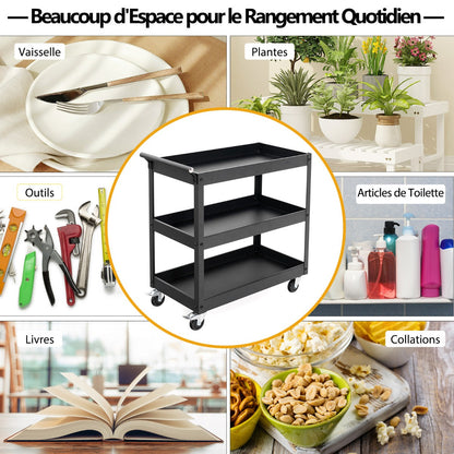 3 Shelf Rolling Metal Utility Cart with Ergonomic Handle-Black